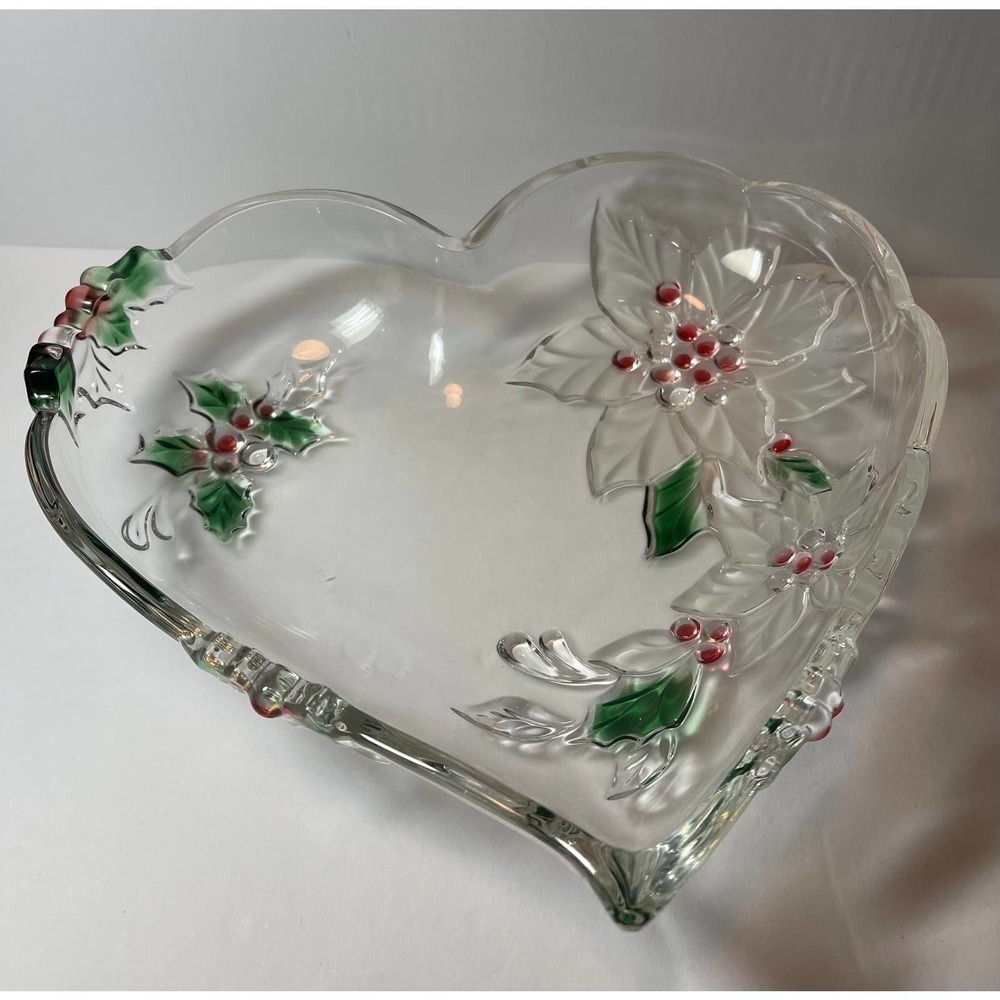 MIKASA Crystal Glass "Holiday Bloom Christmas Poinsettia" Heart Candy Dish 10.75